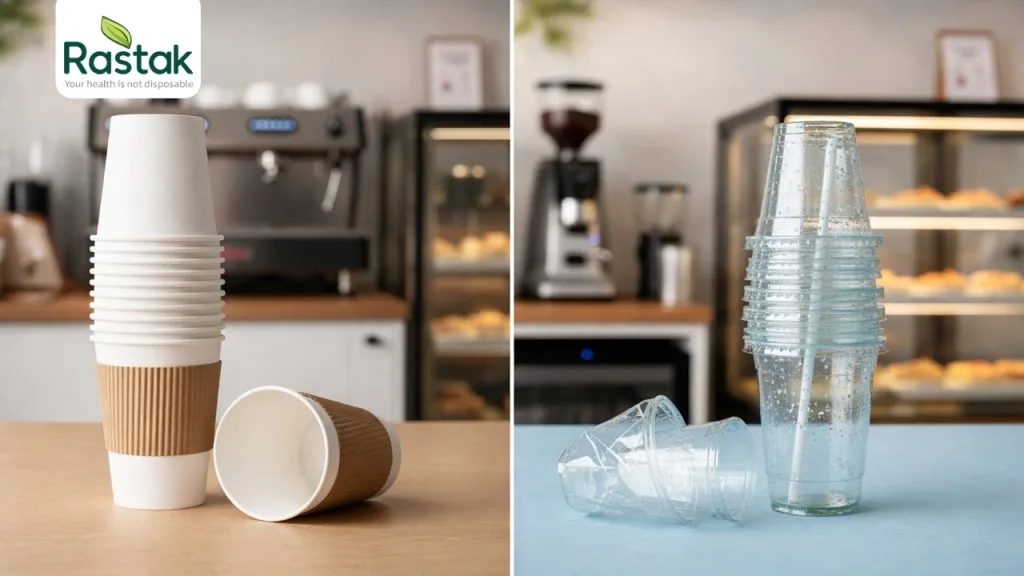 مقایسه لیوان کاغذی و پلاستیکی در یک آشپزخانه