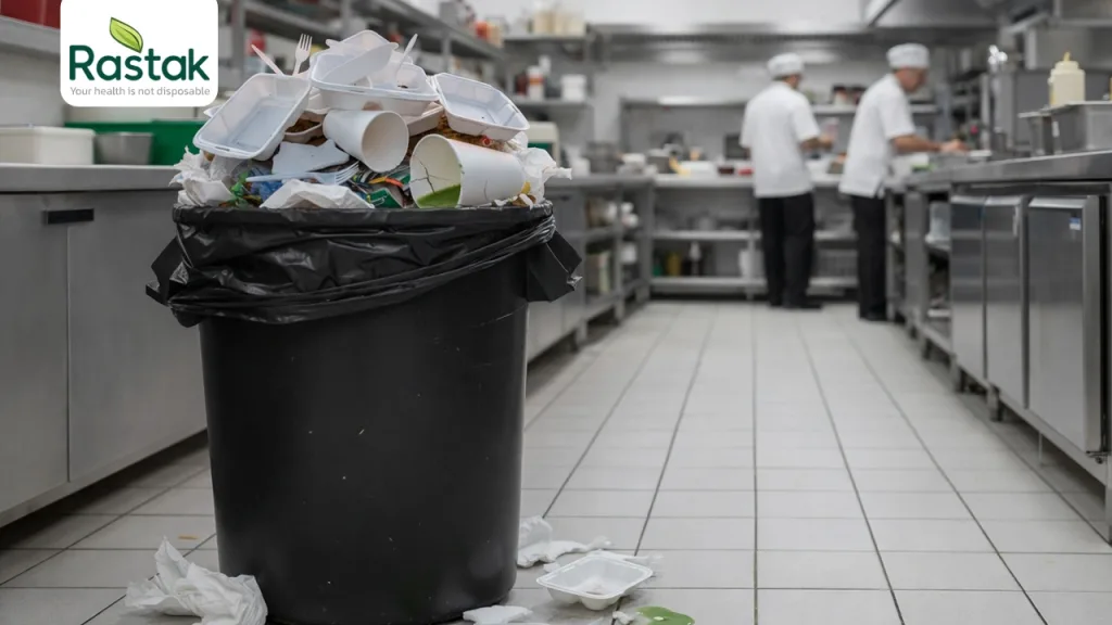 ظروف یکبار مصرف فومی درون سطل زباله یک آشپزخانه صنعتی