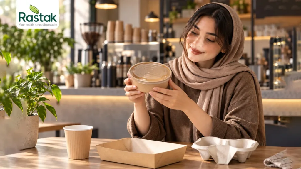 یک خانم خانه دار در حال بررسی کیفیت ظرروف یکبار مصرف سالم