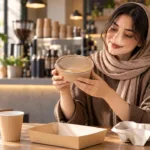 یک خانم خانه دار در حال بررسی کیفیت ظرروف یکبار مصرف سالم